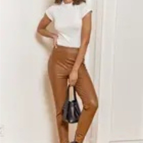 Lulus Camel Way To Cool Vegan Leather High-Waist Legging Zip Hem Stretch Pull-On - Picture 2 of 16